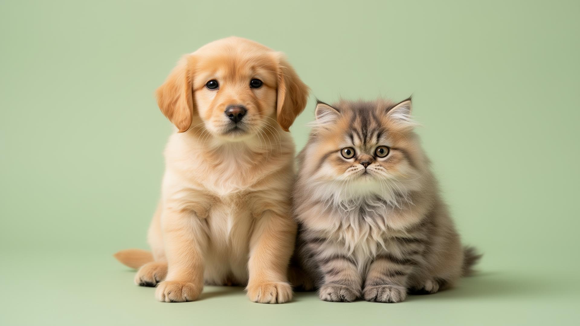 A golden retriever puppy and a Persian kitten